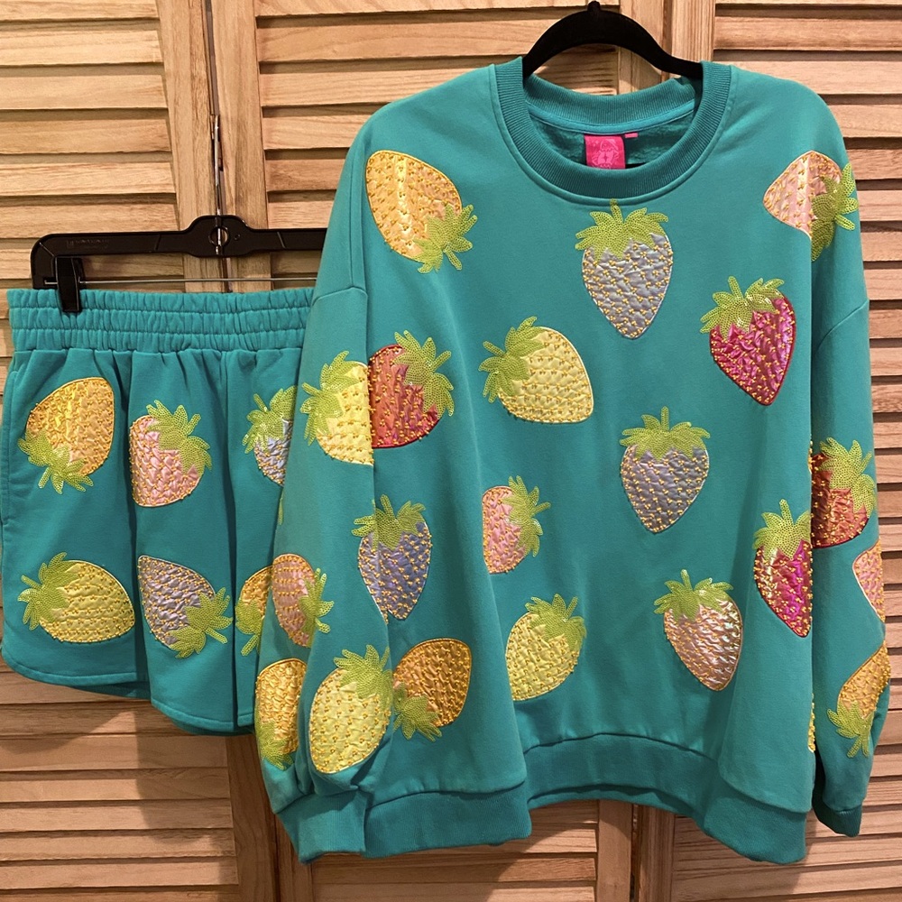 Queen of Sparkles Aqua Scattered Strawberry Sweatshirt and Short Outfit